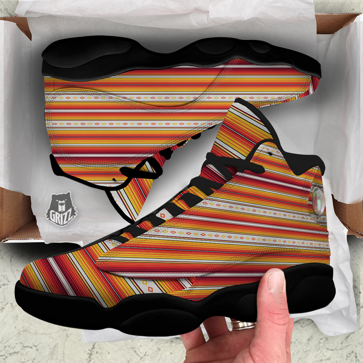 Serape Ethnic Boho Stripes Mexican Orange Print Black Basketball Shoes-grizzshop