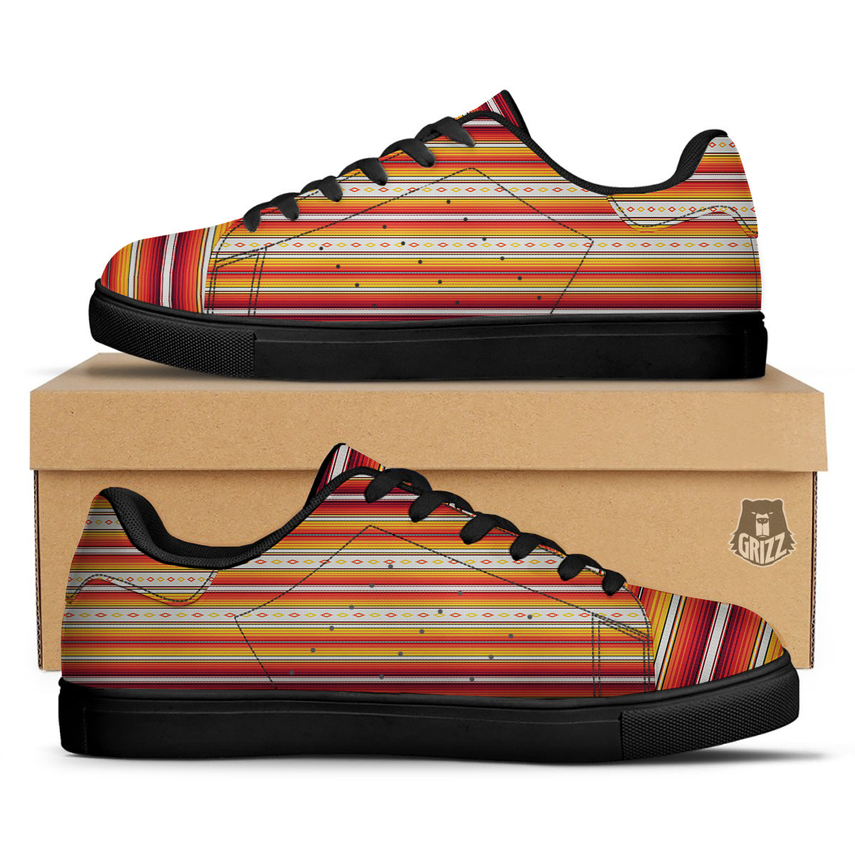 Serape Ethnic Boho Stripes Mexican Orange Print Black Low Top Sneakers-grizzshop