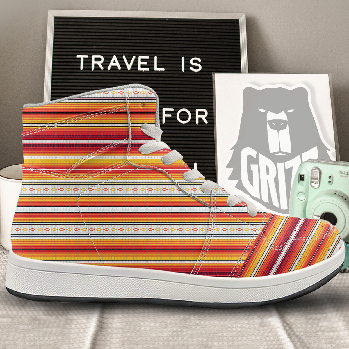 Serape Ethnic Boho Stripes Mexican Orange Print High Top Sneakers-grizzshop