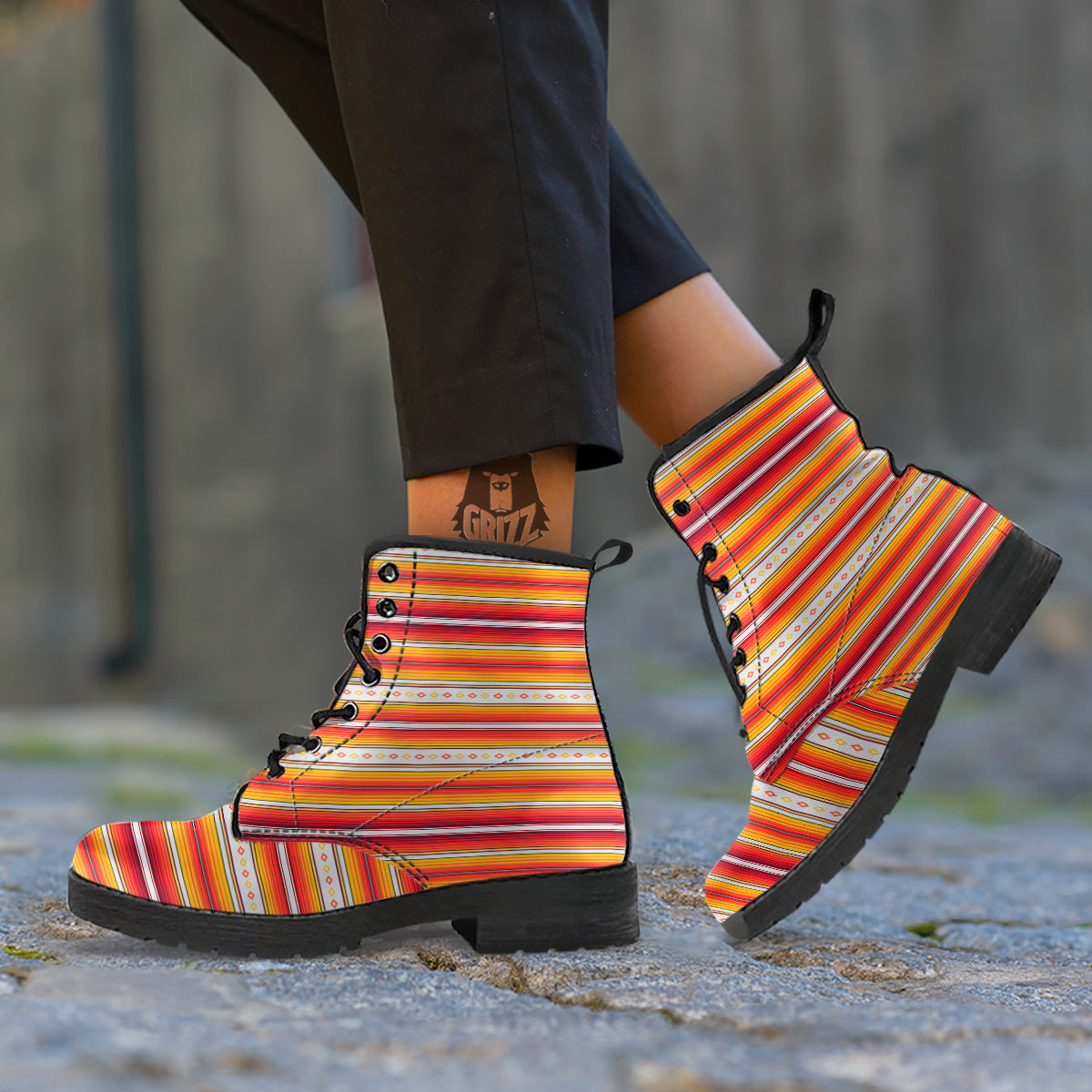Serape Ethnic Boho Stripes Mexican Orange Print Leather Boots-grizzshop