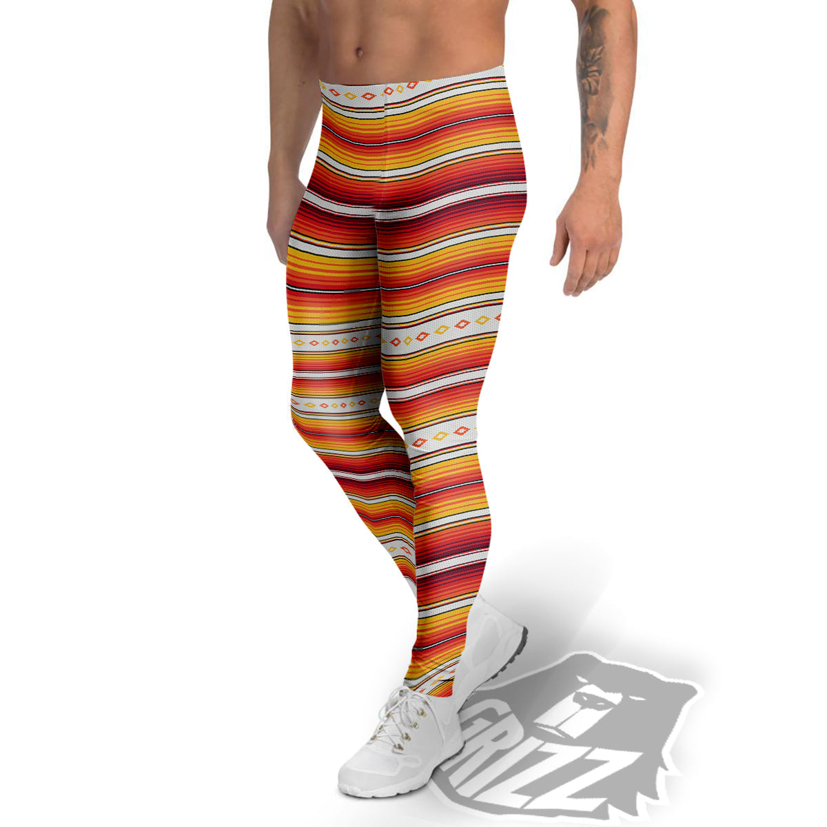 Serape Ethnic Boho Stripes Mexican Orange Print Men's Leggings-grizzshop