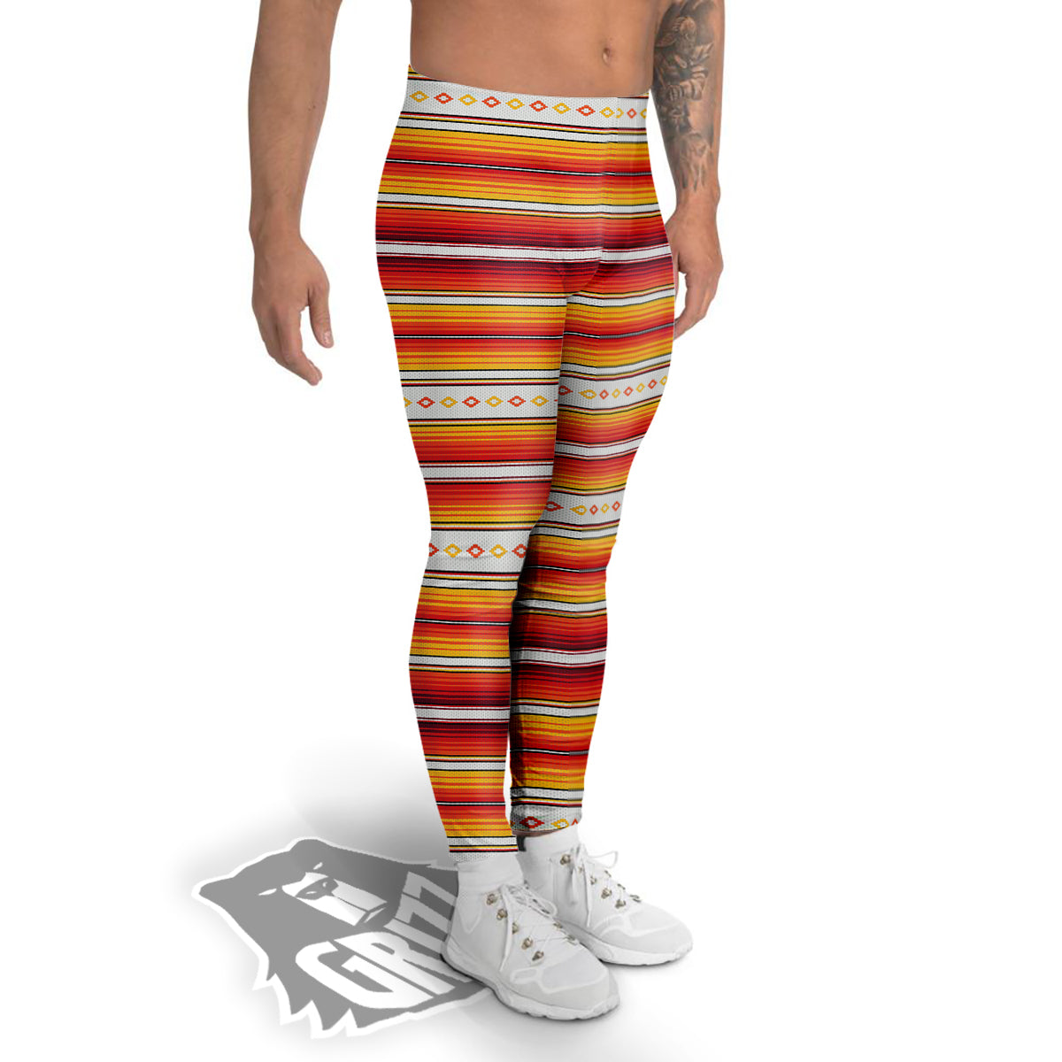 Serape Ethnic Boho Stripes Mexican Orange Print Men's Leggings-grizzshop