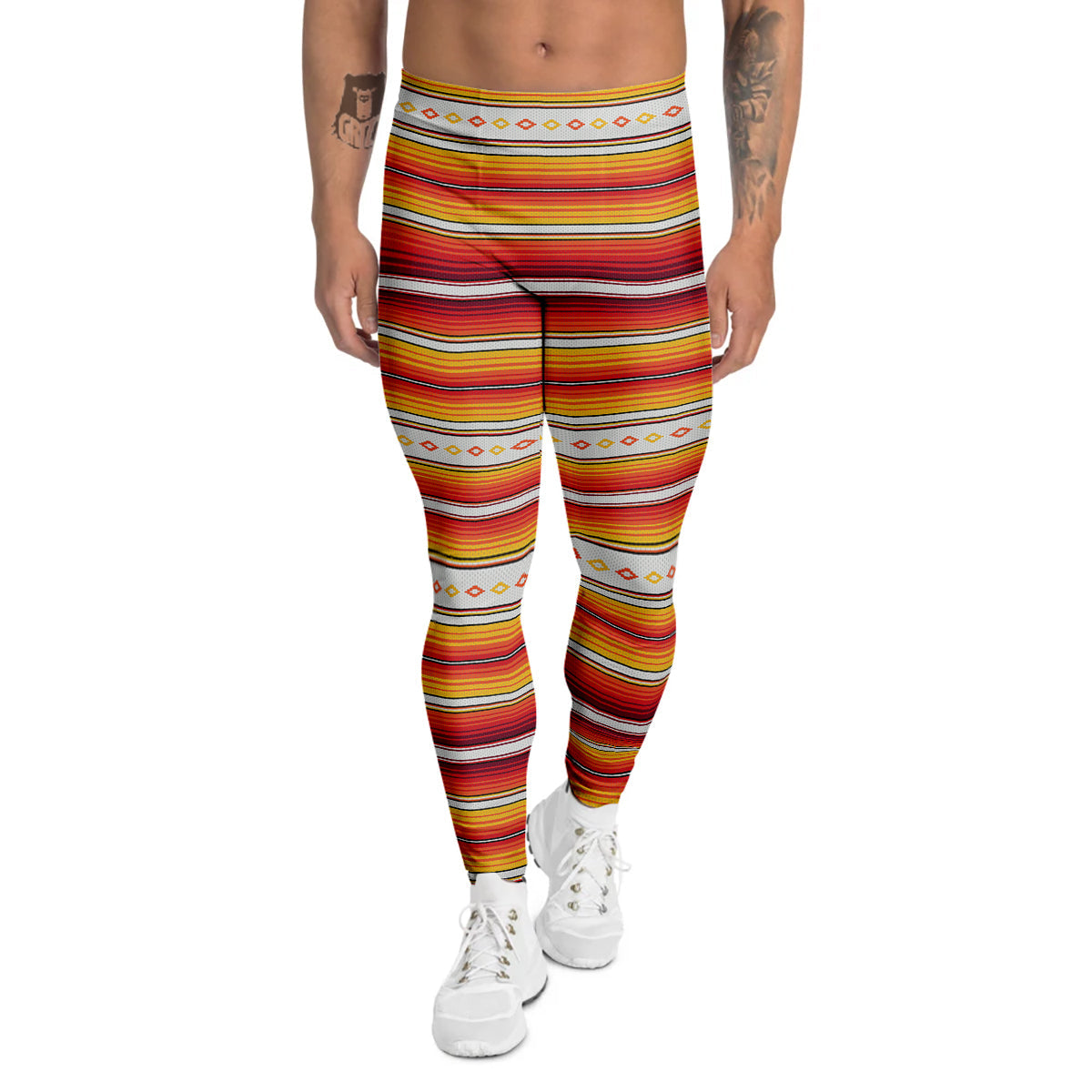 Serape Ethnic Boho Stripes Mexican Orange Print Men's Leggings-grizzshop