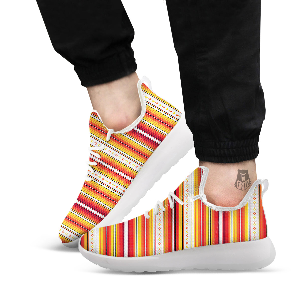 Serape Ethnic Boho Stripes Mexican Orange Print White Athletic Shoes-grizzshop