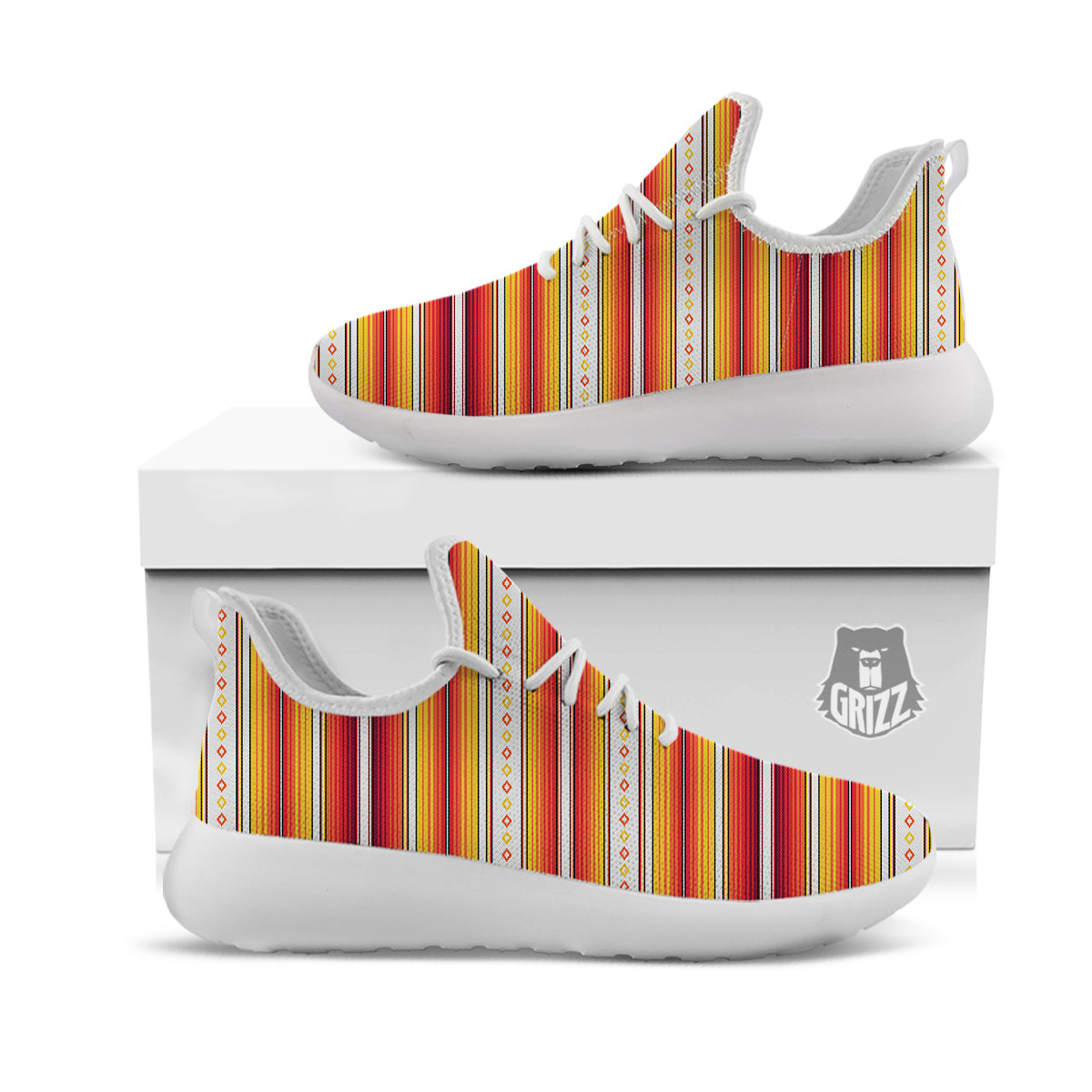 Serape Ethnic Boho Stripes Mexican Orange Print White Athletic Shoes-grizzshop