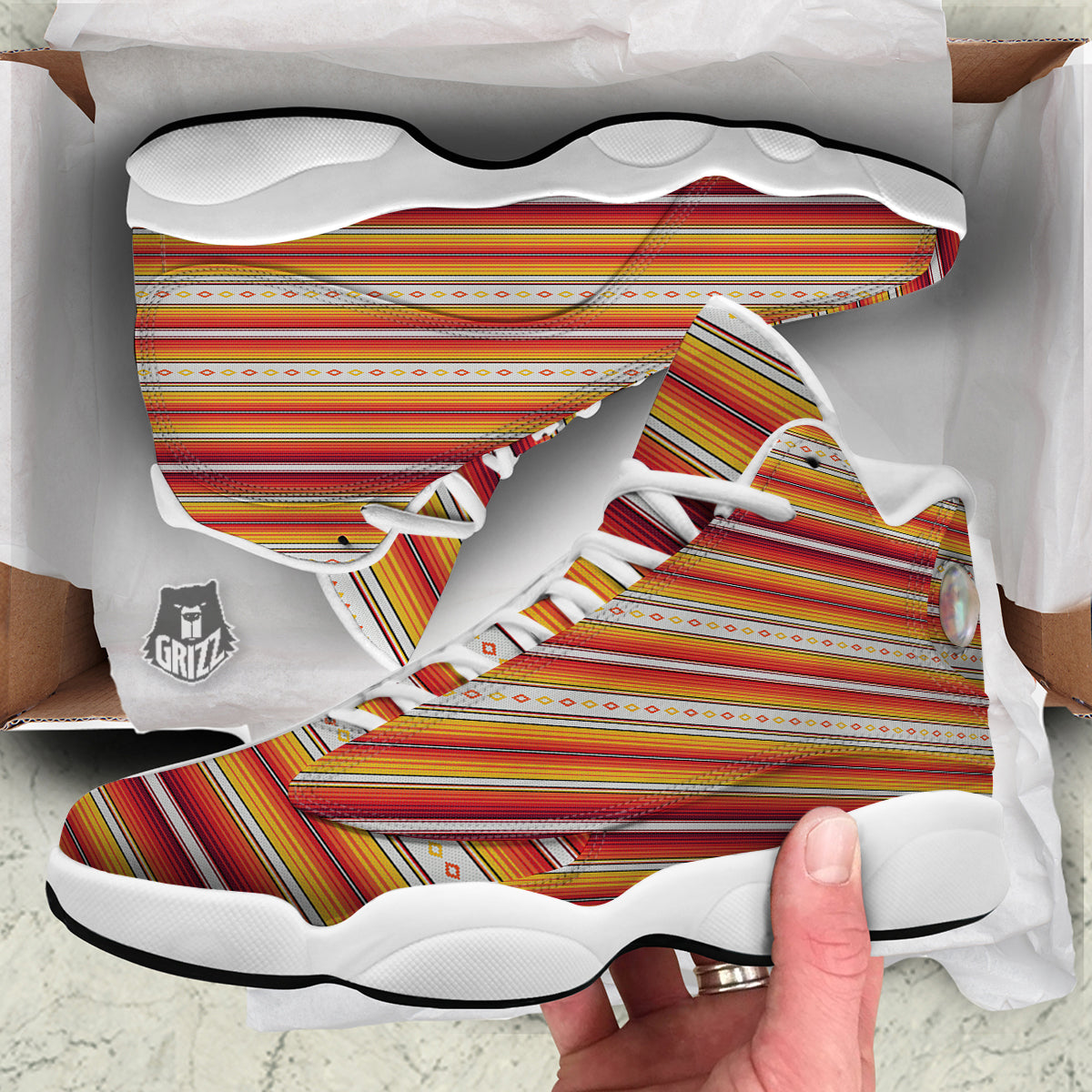 Serape Ethnic Boho Stripes Mexican Orange Print White Basketball Shoes-grizzshop