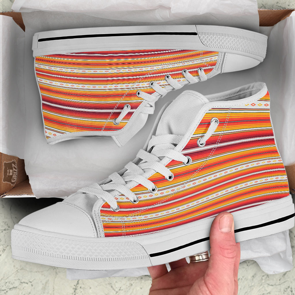 Serape Ethnic Boho Stripes Mexican Orange Print White High Top Shoes-grizzshop