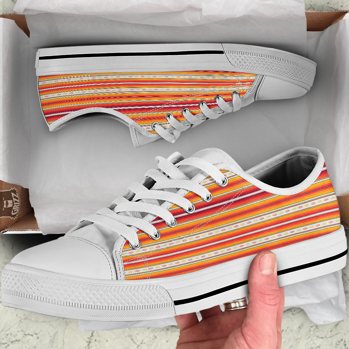 Serape Ethnic Boho Stripes Mexican Orange Print White Low Top Shoes-grizzshop