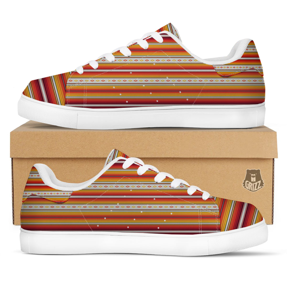Serape Ethnic Boho Stripes Mexican Orange Print White Low Top Sneakers-grizzshop