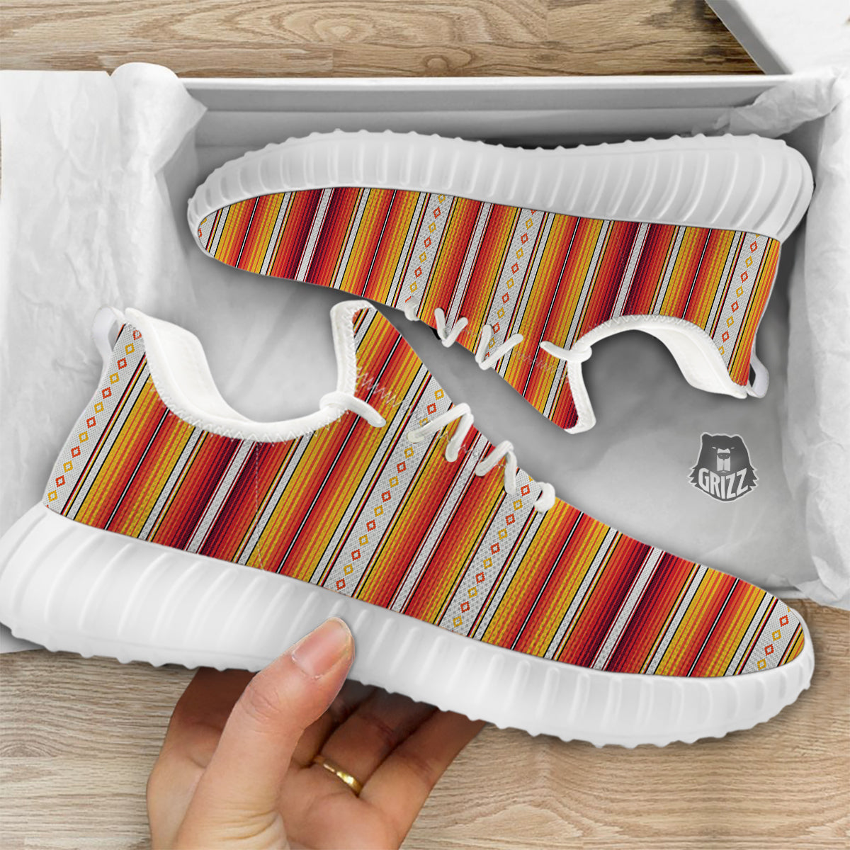 Serape Ethnic Boho Stripes Mexican Orange Print White Walking Shoes-grizzshop