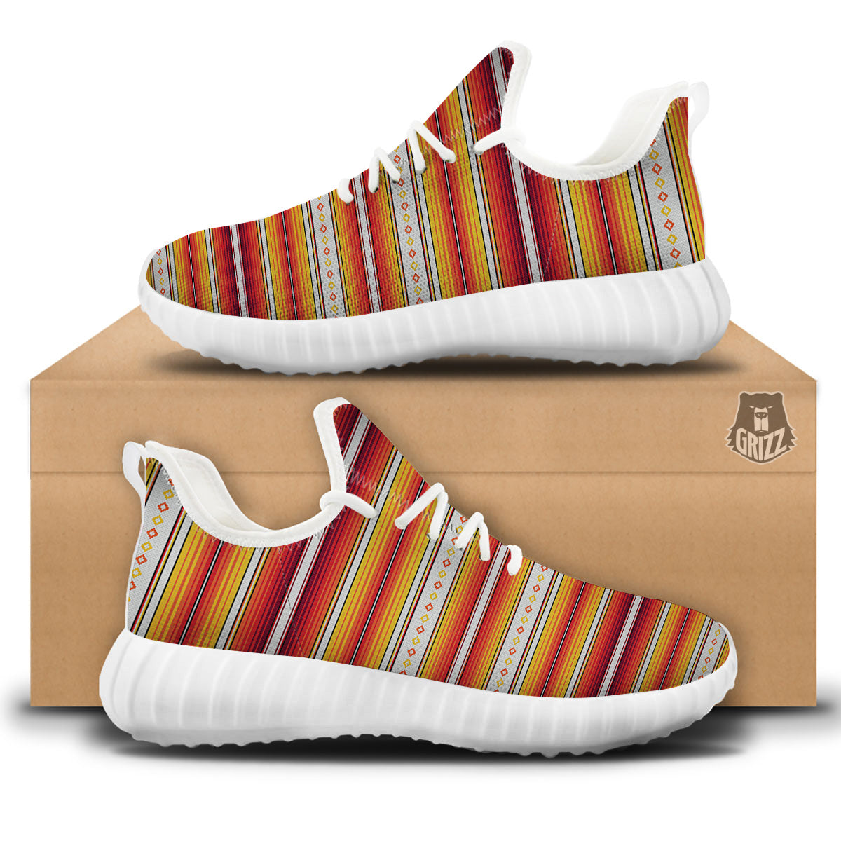 Serape Ethnic Boho Stripes Mexican Orange Print White Walking Shoes-grizzshop