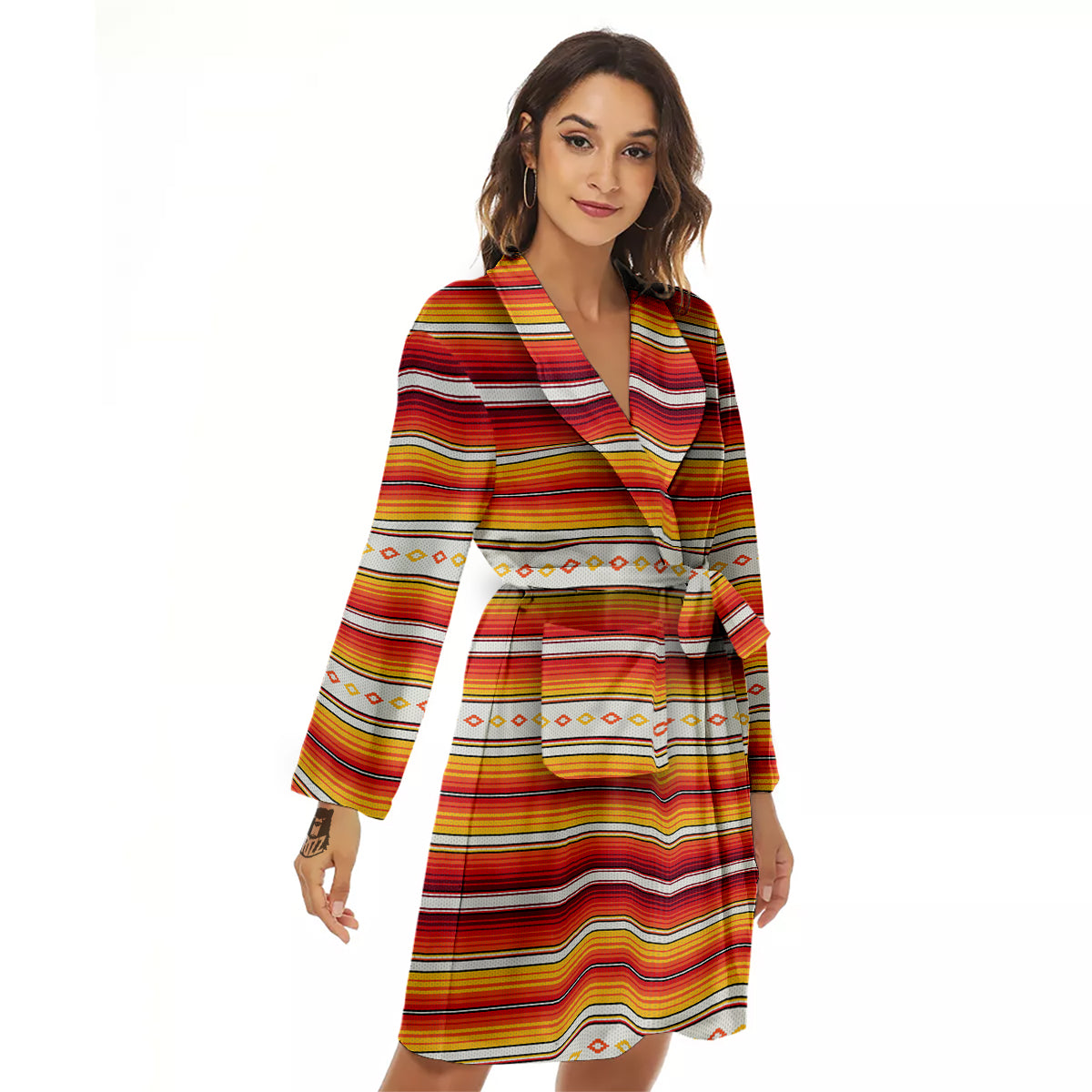 Serape Ethnic Boho Stripes Mexican Orange Print Women's Robe-grizzshop