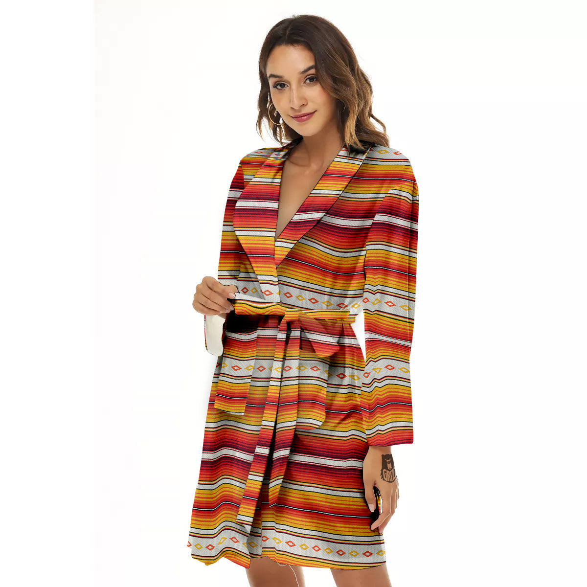 Serape Ethnic Boho Stripes Mexican Orange Print Women's Robe-grizzshop