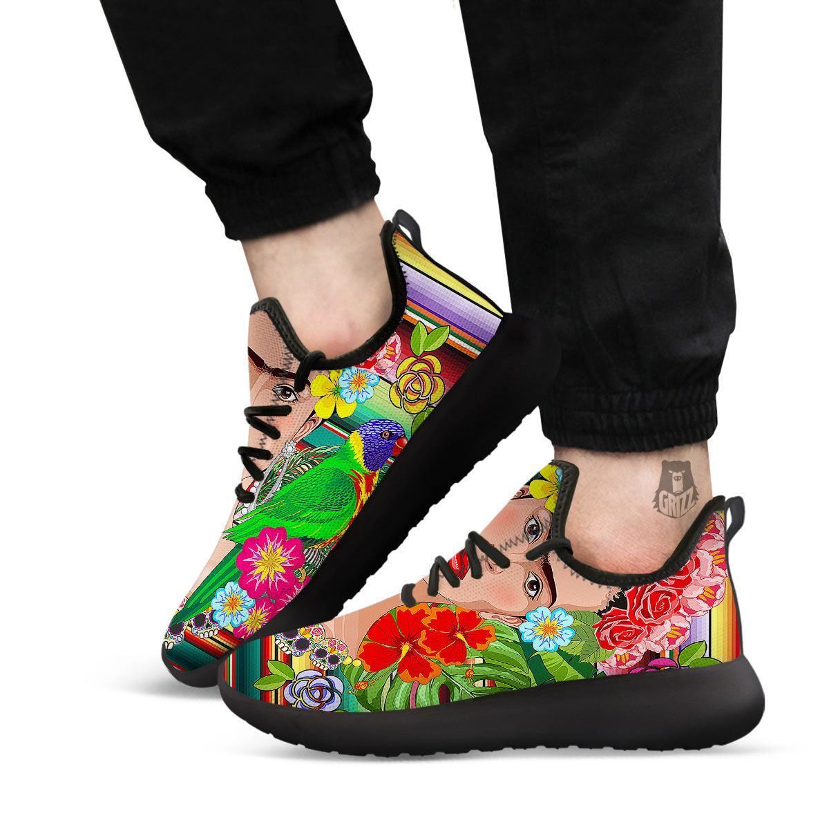 Serape Frida Kahlo Print Black Athletic Shoes-grizzshop