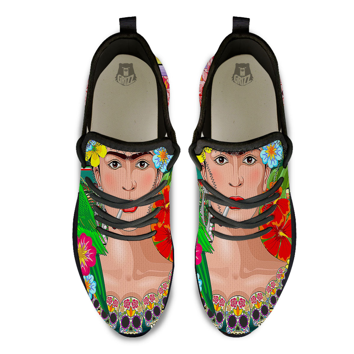 Serape Frida Kahlo Print Black Athletic Shoes-grizzshop