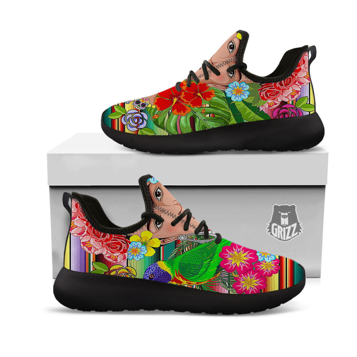 Serape Frida Kahlo Print Black Athletic Shoes-grizzshop