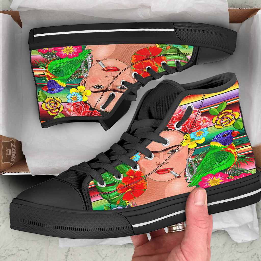 Serape Frida Kahlo Print Black High Top Shoes-grizzshop
