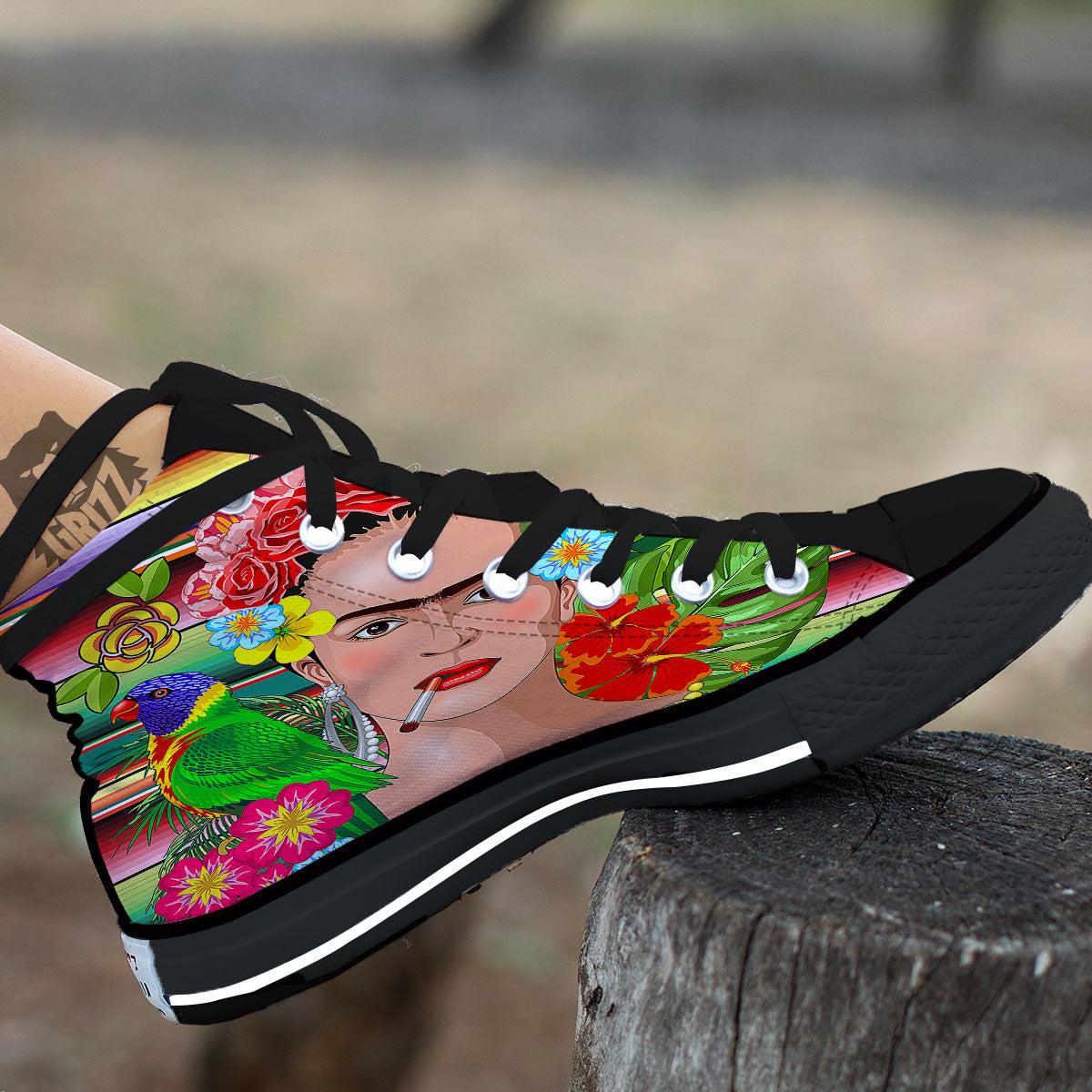 Serape Frida Kahlo Print Black High Top Shoes