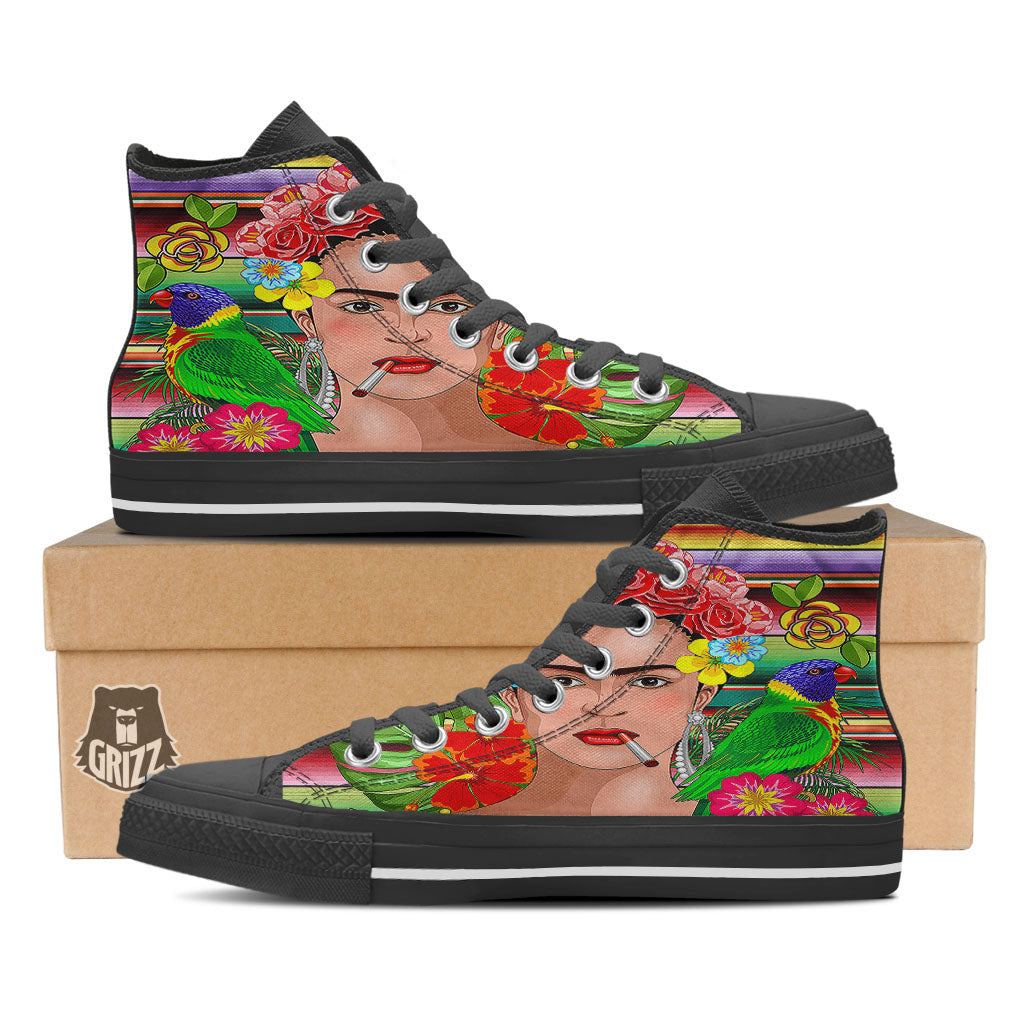 Serape Frida Kahlo Print Black High Top Shoes-grizzshop