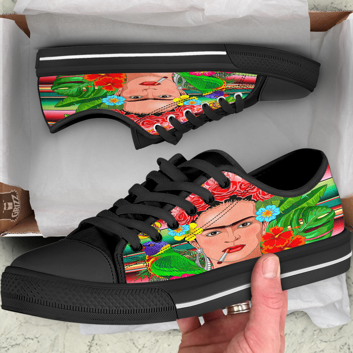 Serape Frida Kahlo Print Black Low Top Shoes-grizzshop