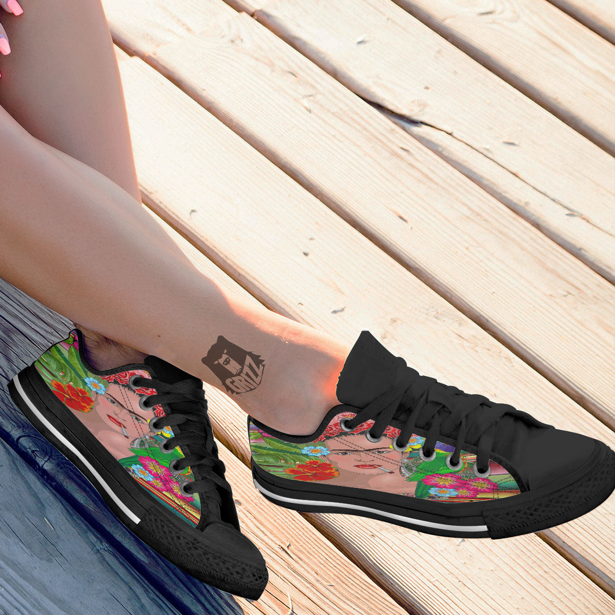 Serape Frida Kahlo Print Black Low Top Shoes-grizzshop