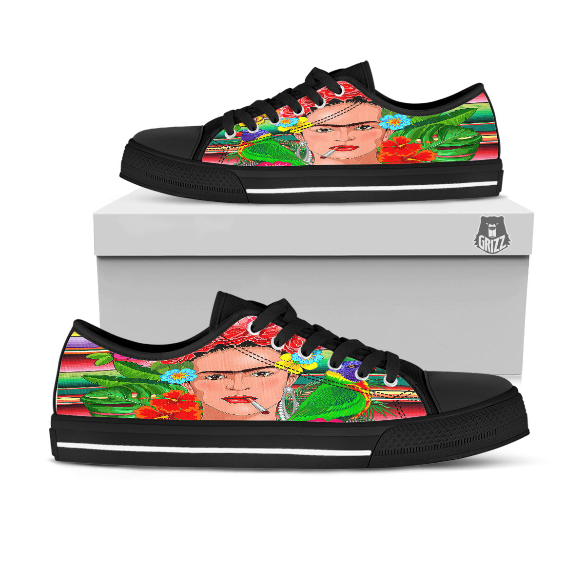 Serape Frida Kahlo Print Black Low Top Shoes-grizzshop