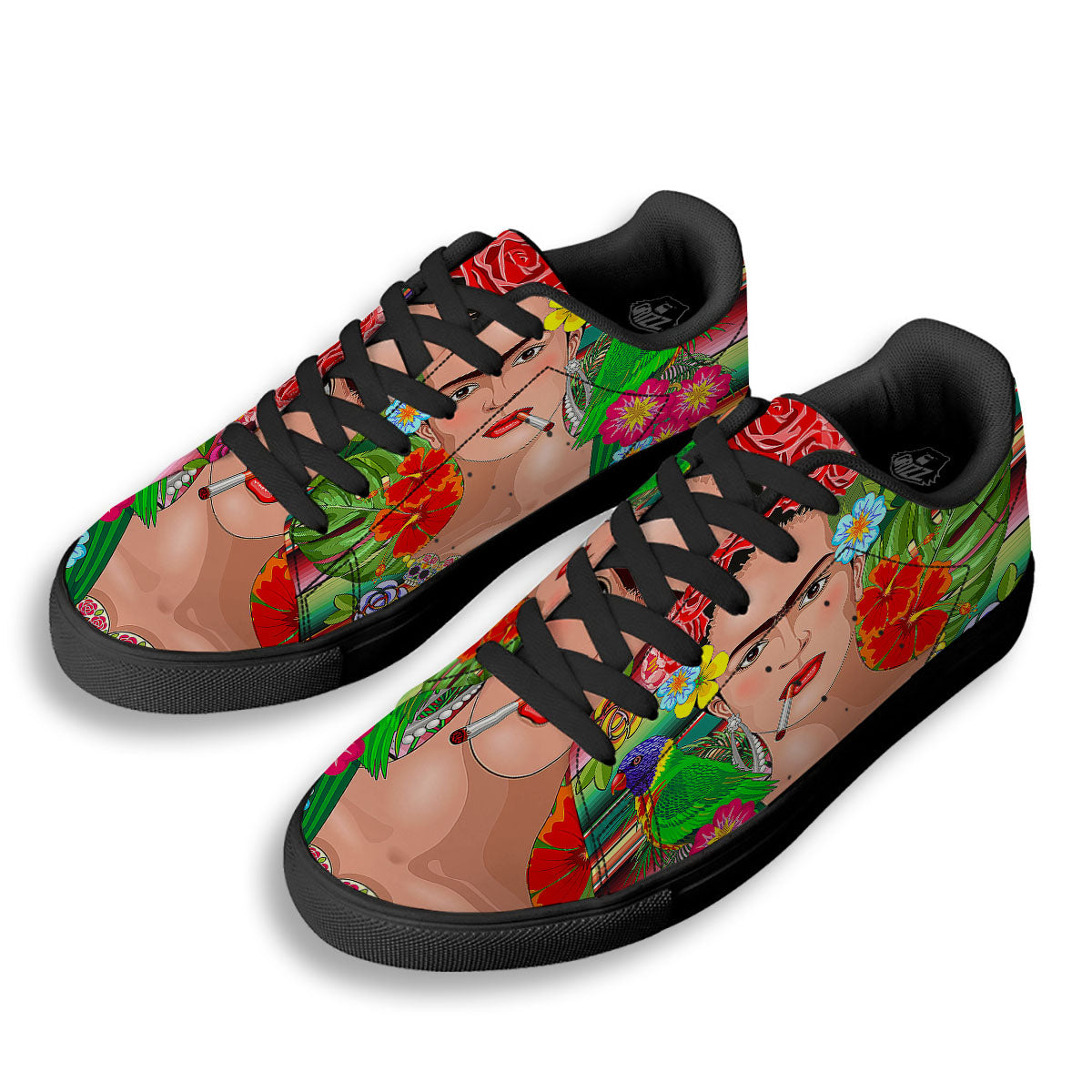 Serape Frida Kahlo Print Black Low Top Sneakers-grizzshop