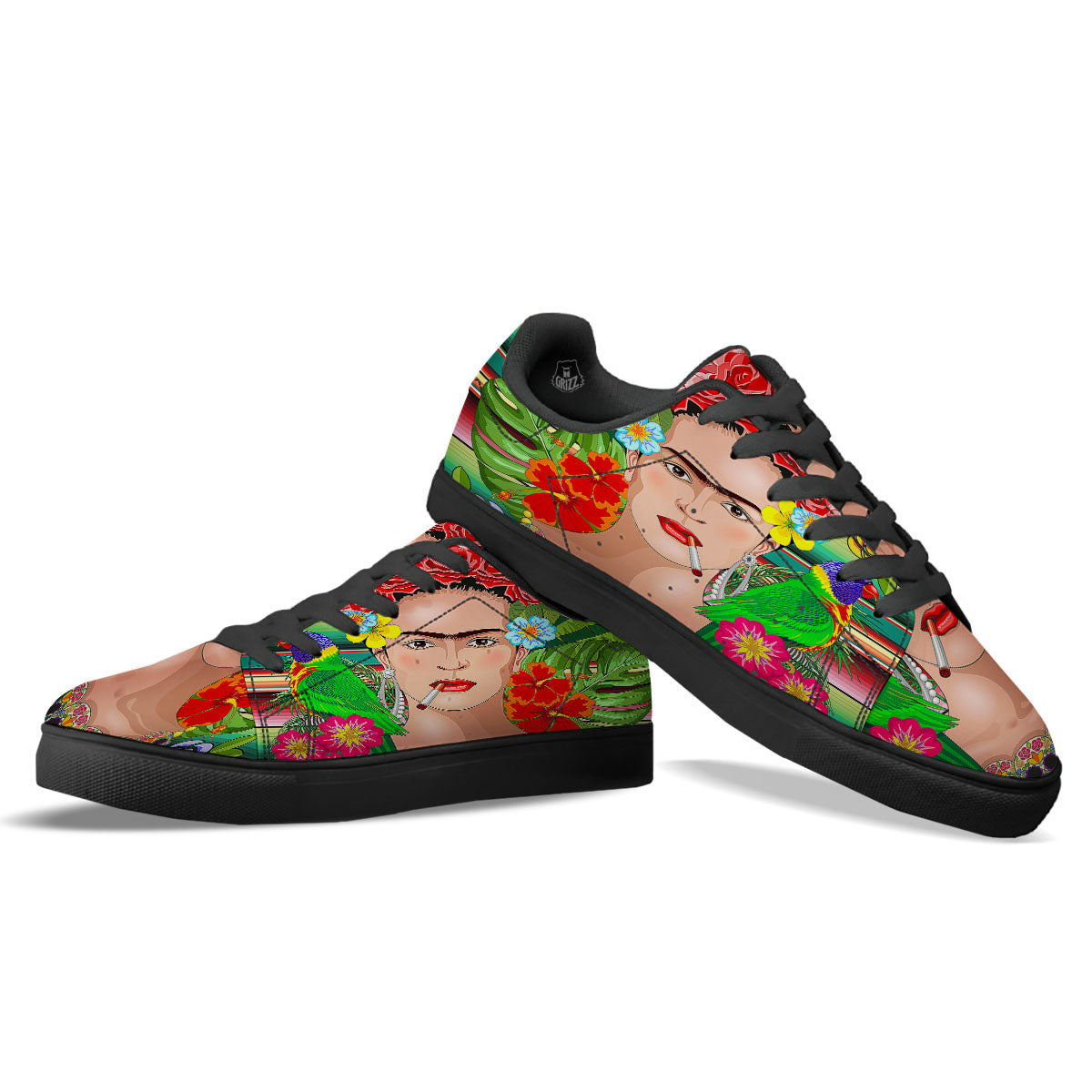 Serape Frida Kahlo Print Black Low Top Sneakers-grizzshop