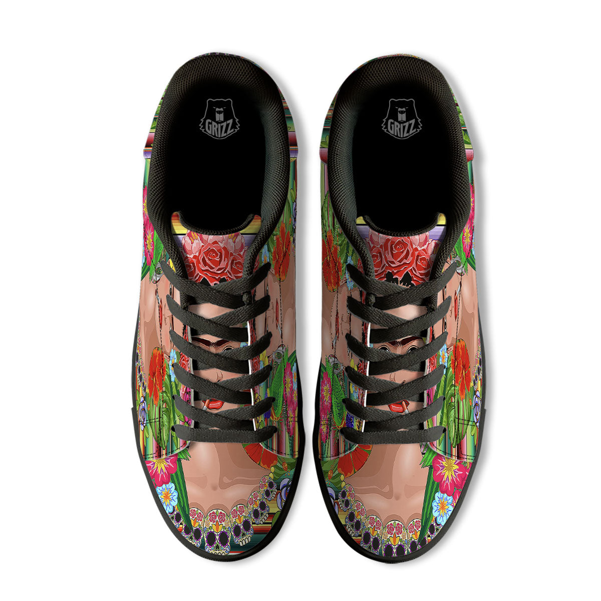 Serape Frida Kahlo Print Black Low Top Sneakers-grizzshop
