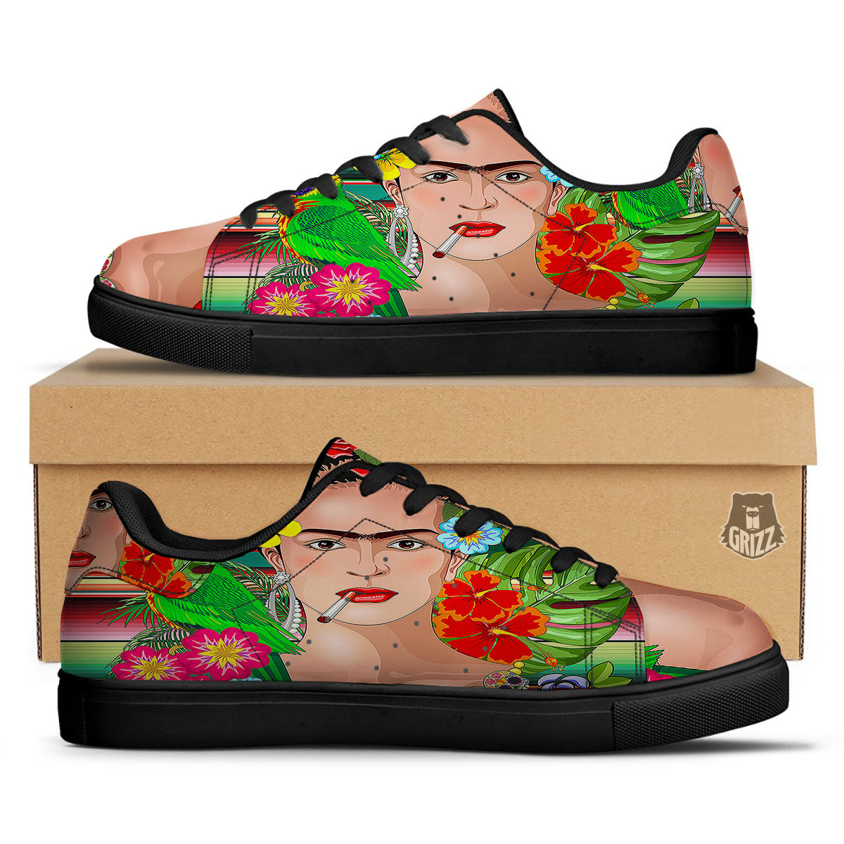 Serape Frida Kahlo Print Black Low Top Sneakers-grizzshop