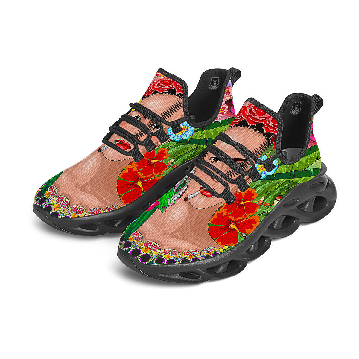 Serape Frida Kahlo Print Black Running Shoes-grizzshop