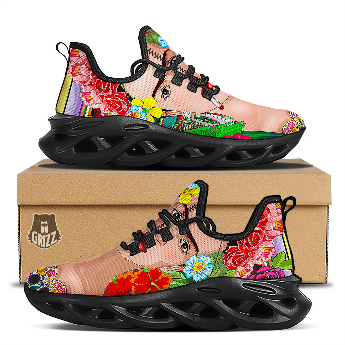 Serape Frida Kahlo Print Black Running Shoes-grizzshop