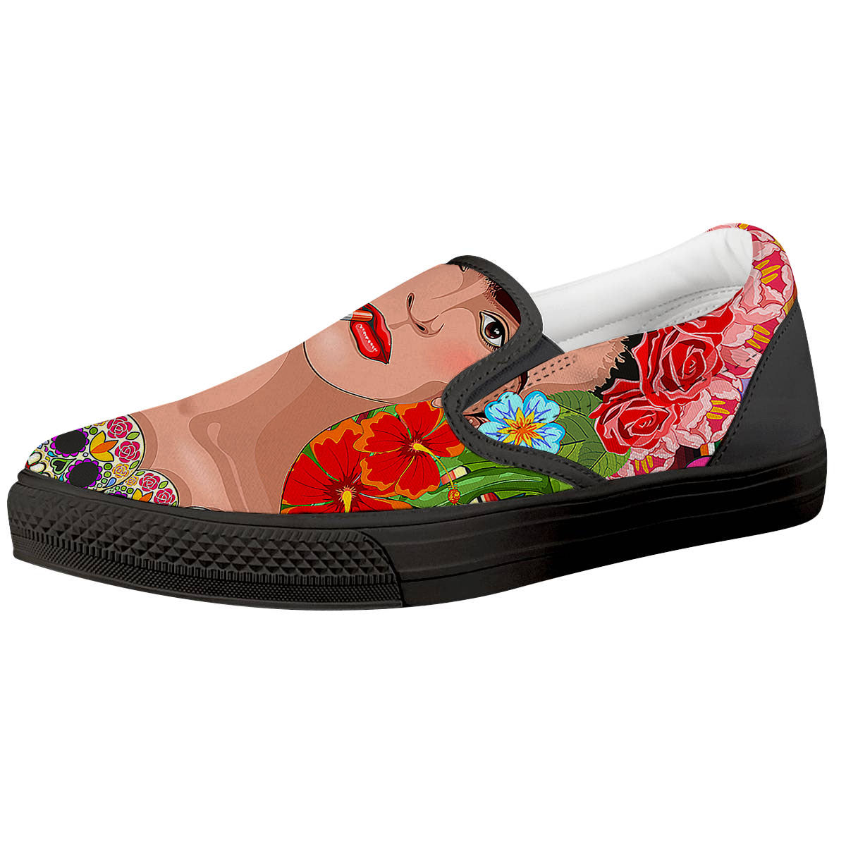 Serape Frida Kahlo Print Black Slip On Shoes-grizzshop
