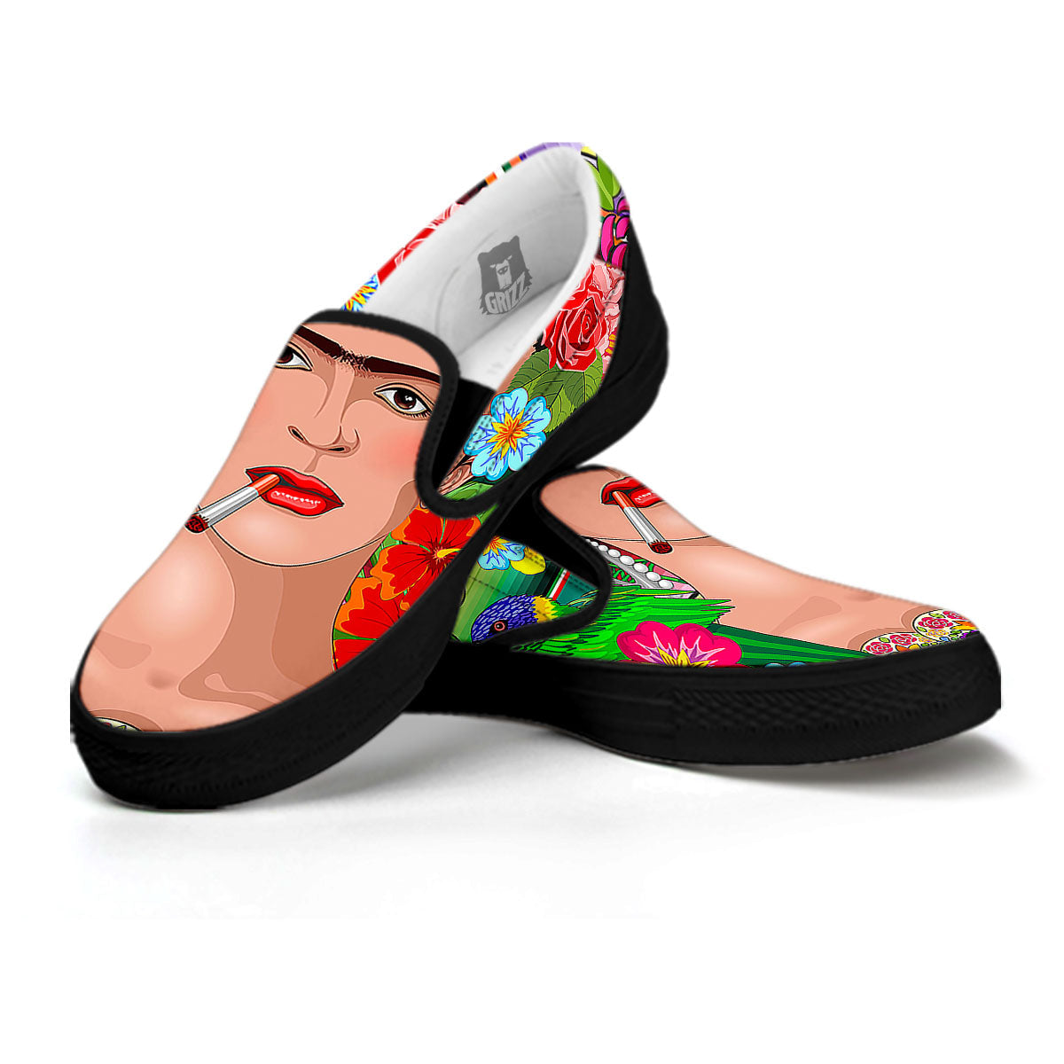 Serape Frida Kahlo Print Black Slip On Shoes-grizzshop