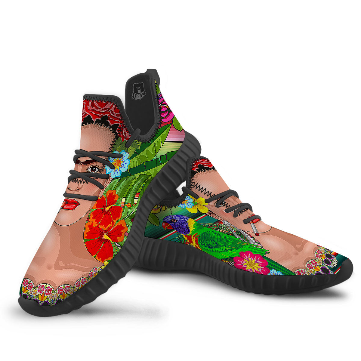 Serape Frida Kahlo Print Black Walking Shoes-grizzshop