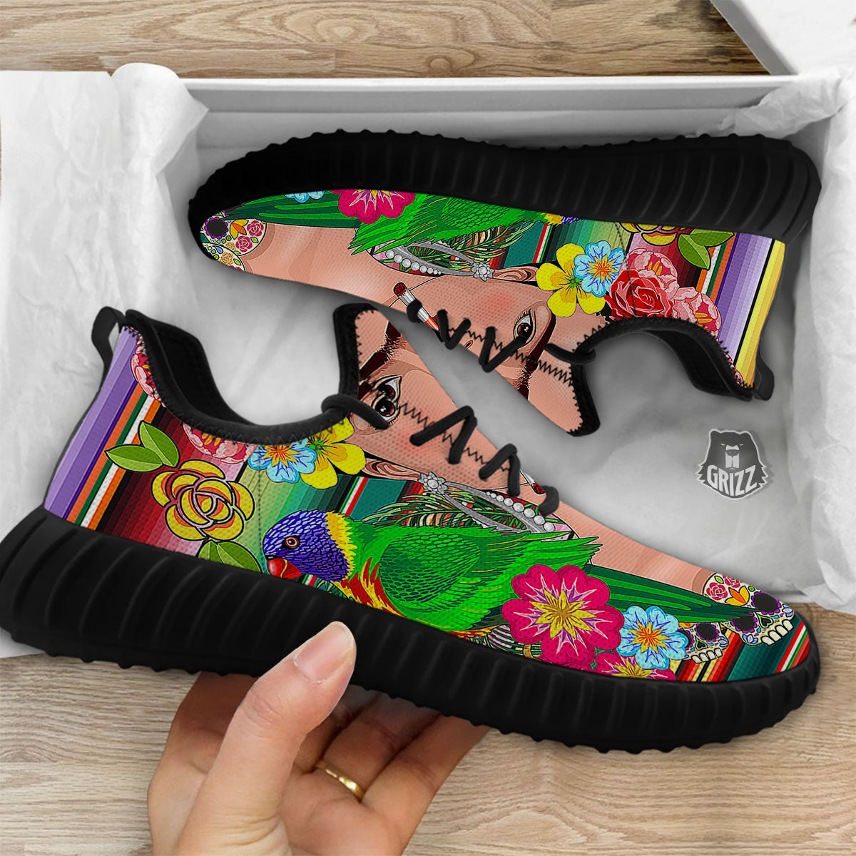 Serape Frida Kahlo Print Black Walking Shoes-grizzshop