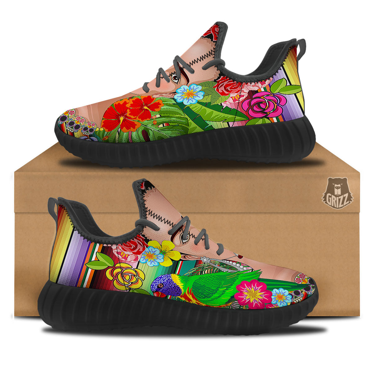 Serape Frida Kahlo Print Black Walking Shoes-grizzshop