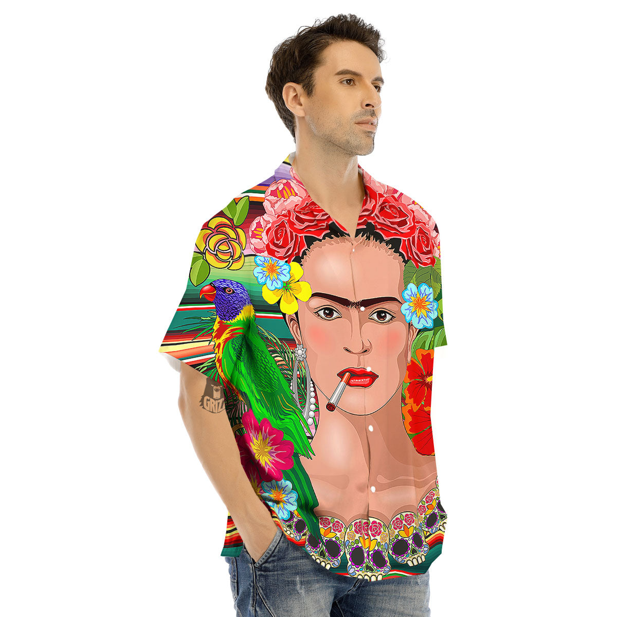 Serape Frida Kahlo Print Men's Hawaiian Shirt-grizzshop