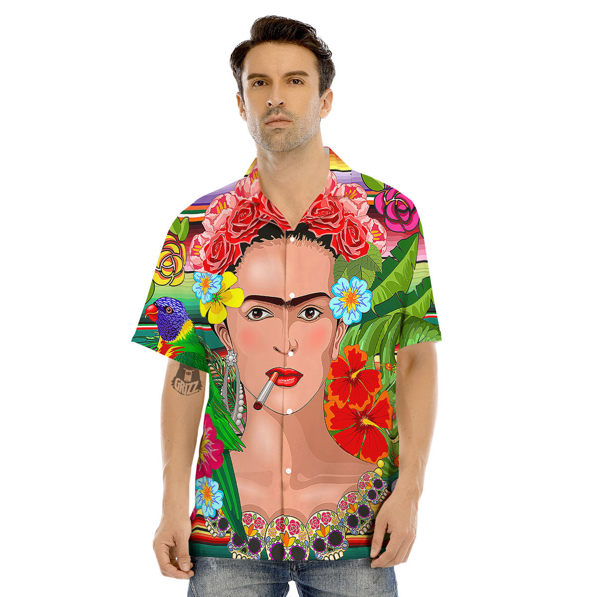 Serape Frida Kahlo Print Men's Hawaiian Shirt-grizzshop