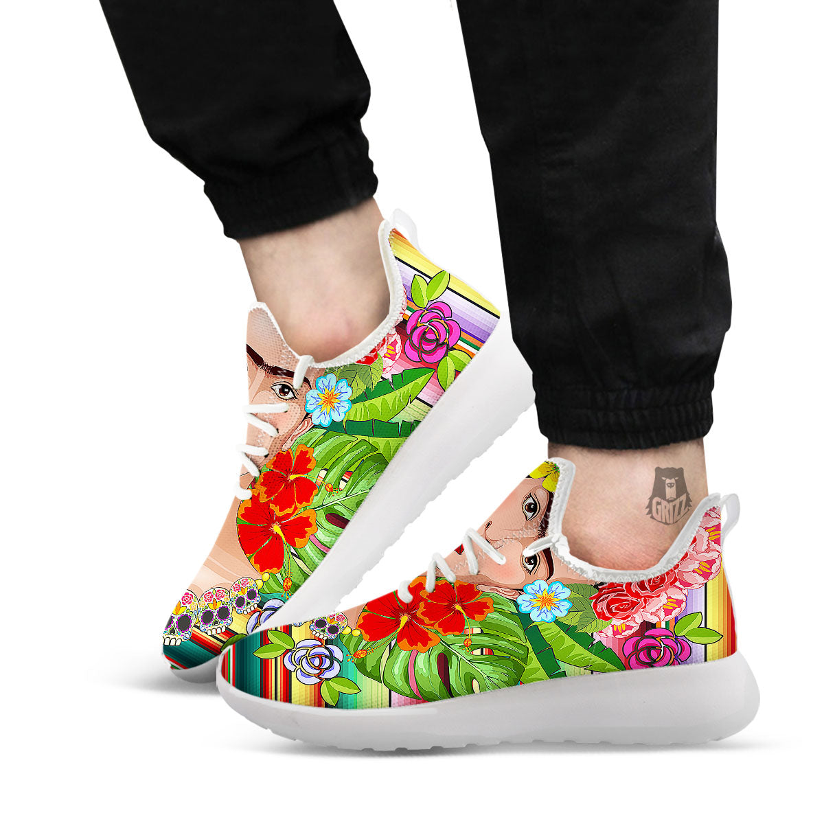 Serape Frida Kahlo Print White Athletic Shoes-grizzshop