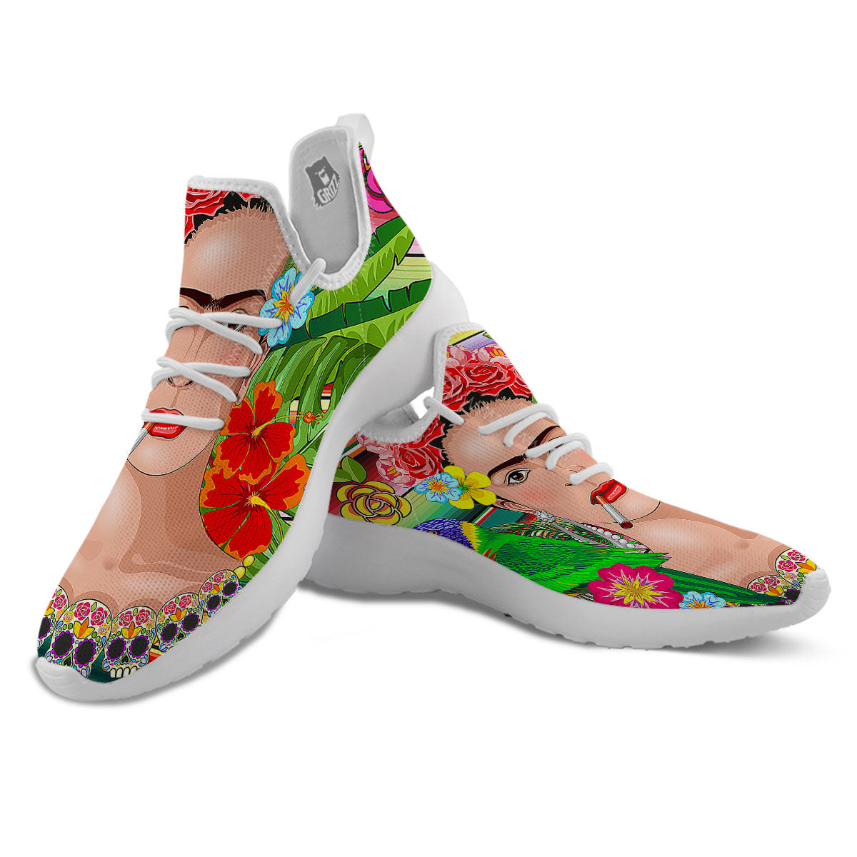 Serape Frida Kahlo Print White Athletic Shoes-grizzshop