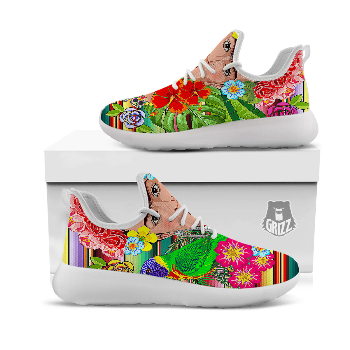 Serape Frida Kahlo Print White Athletic Shoes-grizzshop