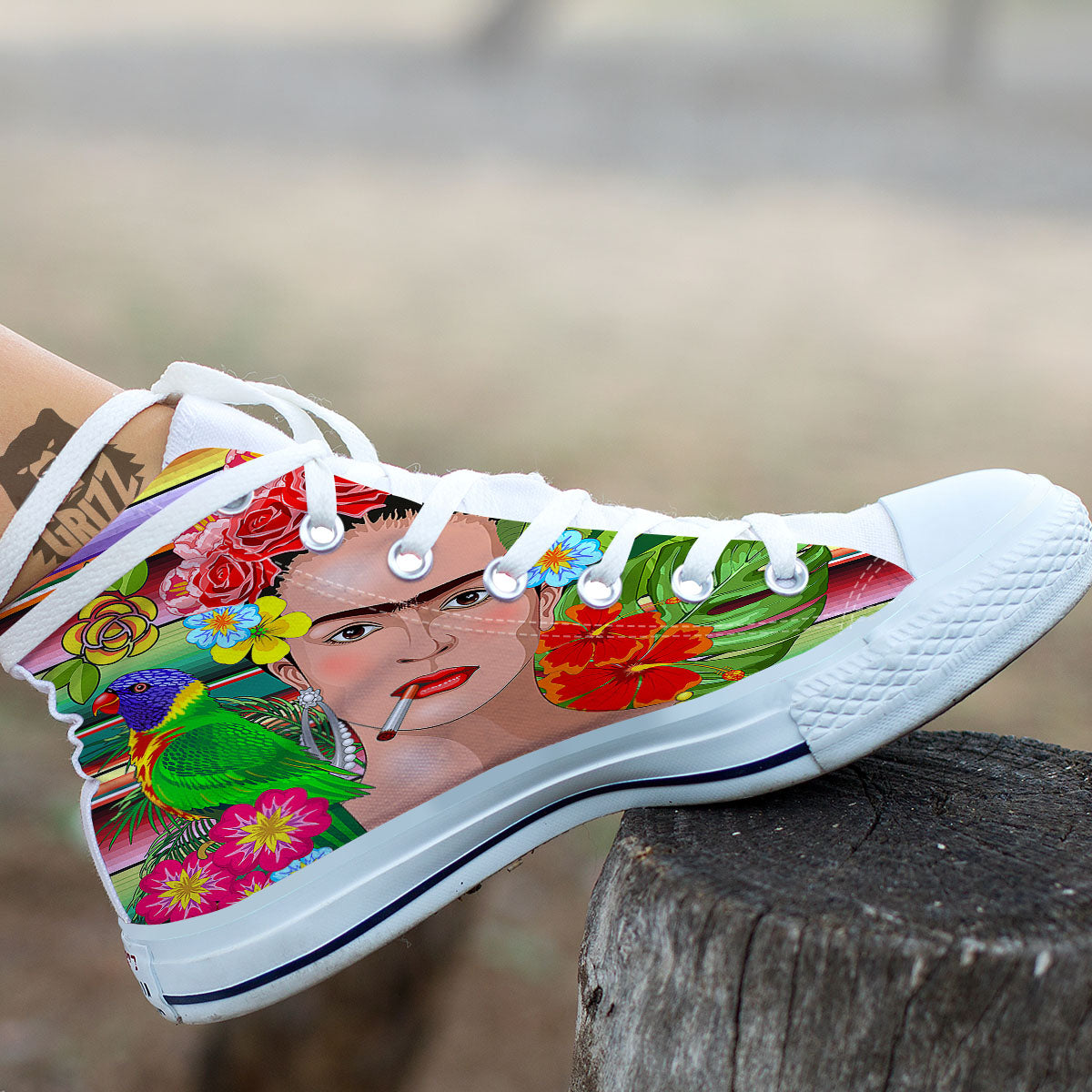 Serape Frida Kahlo Print White High Top Shoes-grizzshop