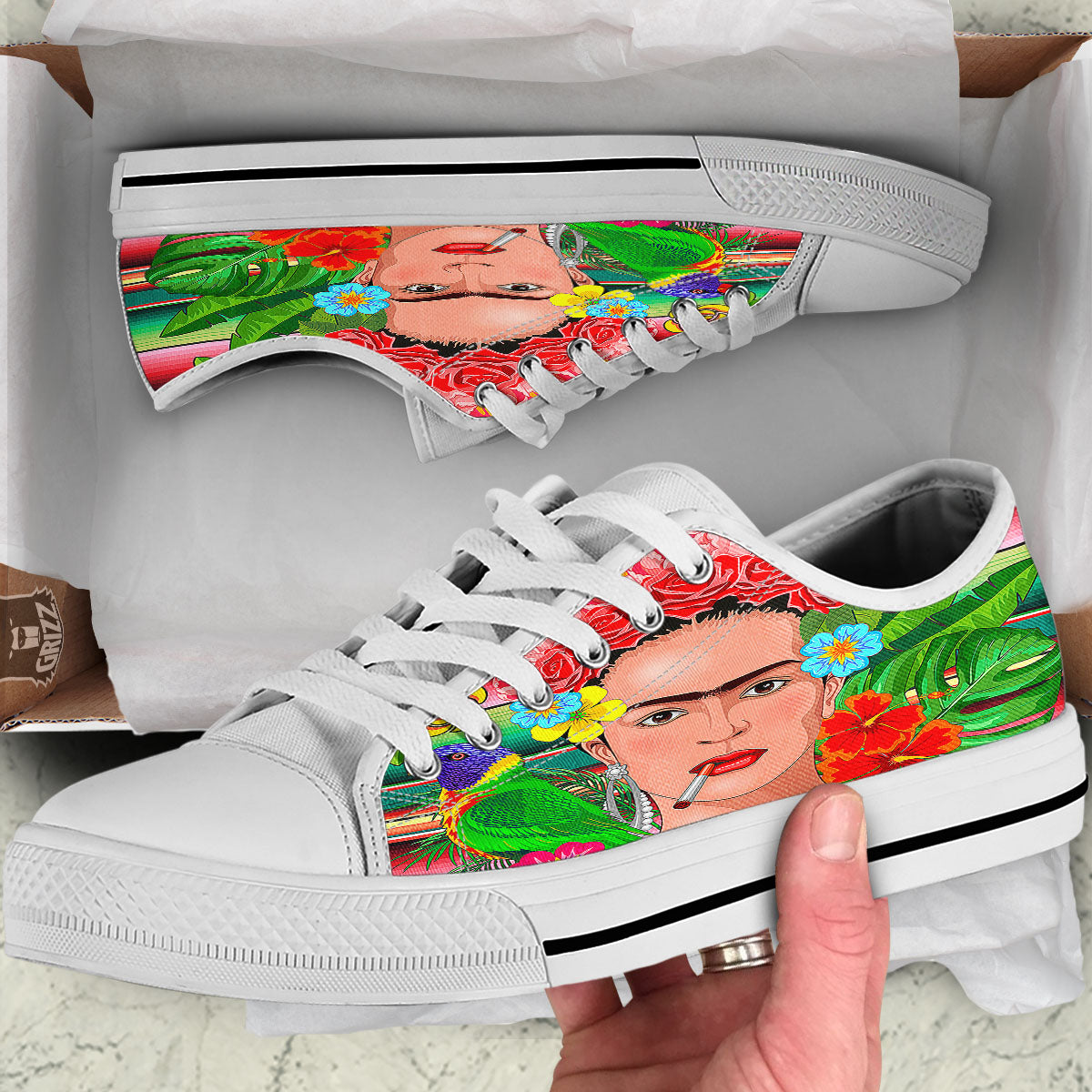 Serape Frida Kahlo Print White Low Top Shoes-grizzshop