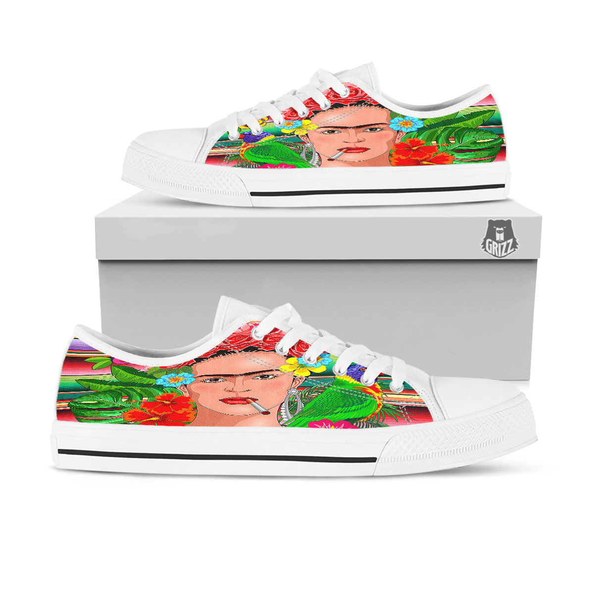 Serape Frida Kahlo Print White Low Top Shoes-grizzshop