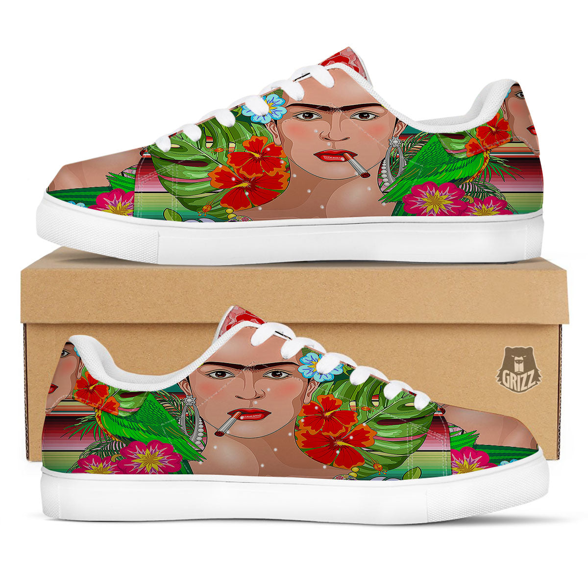 Serape Frida Kahlo Print White Low Top Sneakers-grizzshop