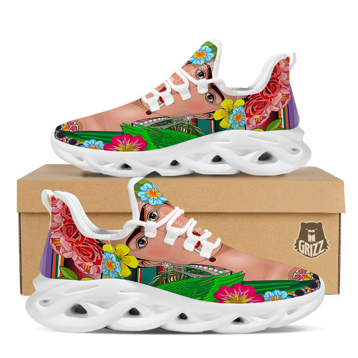 Serape Frida Kahlo Print White Running Shoes-grizzshop