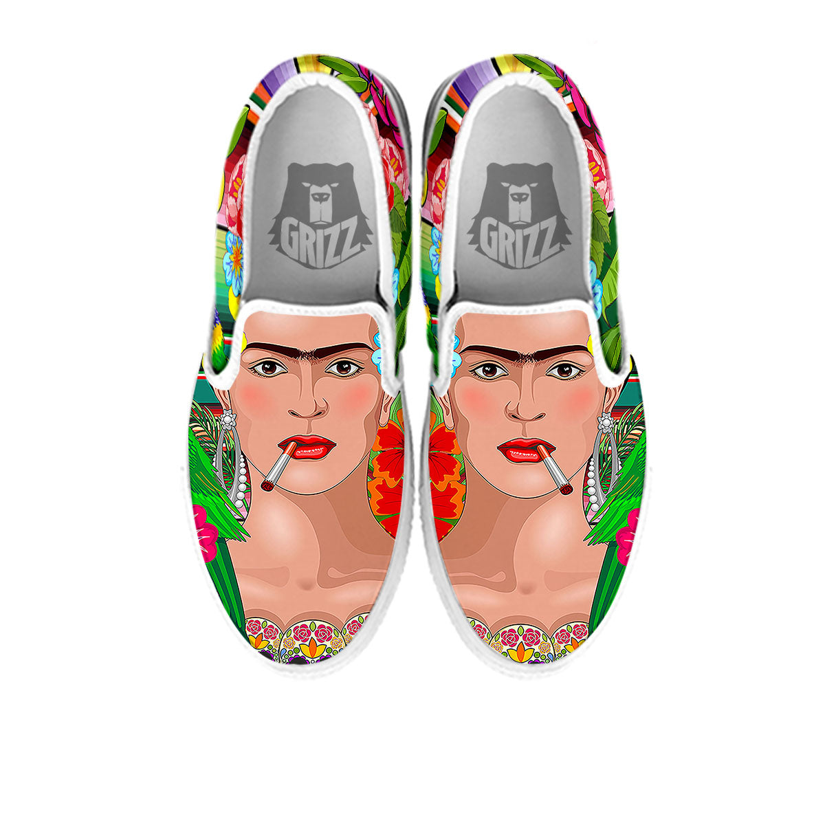 Serape Frida Kahlo Print White Slip On Shoes-grizzshop