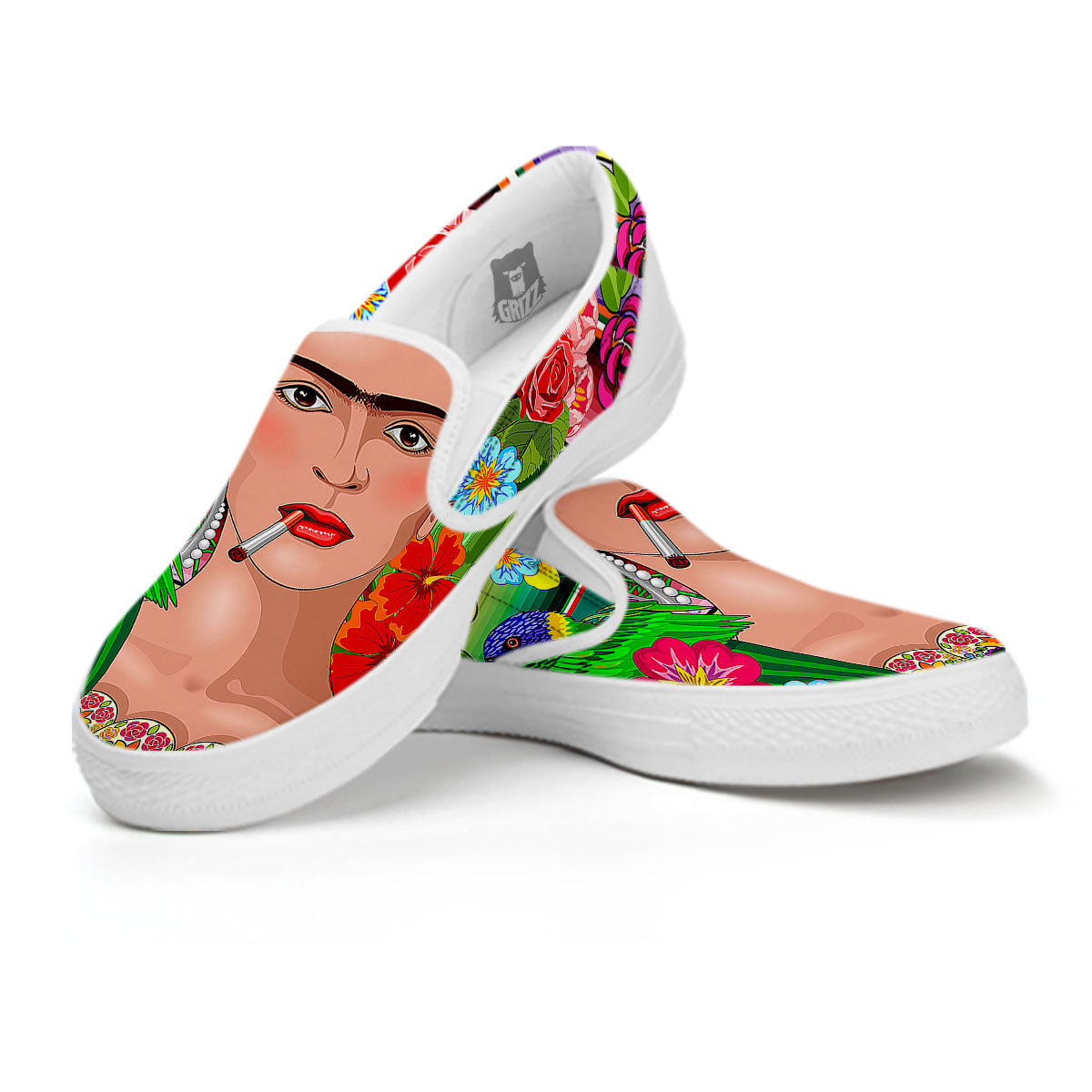 Serape Frida Kahlo Print White Slip On Shoes-grizzshop