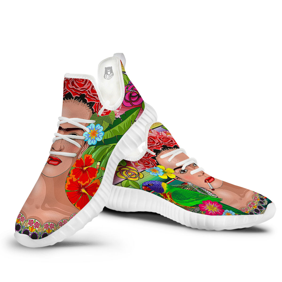 Serape Frida Kahlo Print White Walking Shoes-grizzshop